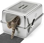 Ptlom Enclosed Stainless Steel Litter Box for Large Cats, Leak-Proof Metal Cat Toilet with Lid, Ventilated Top Opening Covered Cat Pan High Sided Walls, Scoop & Litter Mat, 27.7" x 19.8" x 15.1"