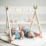 Wooden Baby Gym with 6 Gym Toys, Foldable Baby Play Gym, Natural Pine Wood Play Gym, Frame Activity Center Hanging Bar Newborn Gift Grey, Newborn Gift for Baby Girl and Boy