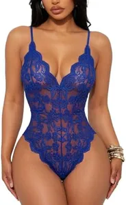 Buitifo Women Lace Bodysuit One Piece Babydoll Backless Mini Teddy V Neck Lingerie（Blue 1,M