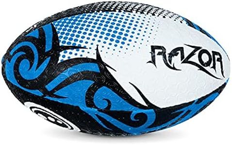 Optimum Razor Rugby Ball - Perfect for Training & Gameplay, Great Flight & Air Retention, Rubber Dimpled Surface for Grip, 2-Ply 410g - Black/Blue,Size Midi
