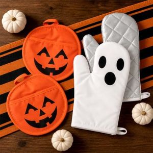 FYSUIMU 4Pcs Halloween Oven Mitts and Pot Holders Set, Evil Pumpkin Ghost