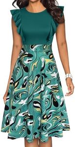 YATHON Women's Vintage Ruffle Floral Flared A Line Swing Casual Cocktail Party Dresses(YT001-Green Geome P1,S)