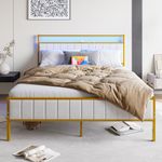 HOJINLINERO Queen Bed Frame with Headboard & LED Lights,Upholstered Platform Bed Frame Queen Size with Charging Station,Velvet Bed Frame,Heavy Duty Metal Slats,No Box Spring Need,Noise Free,White