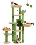 PETEPELA 150cm Cactus Cat Tree, Tall Cat Tree for Large Cat, Multi-Level Cat Tower, Cat Tree for Indoor Cats, Cat Condo with Large Hammock, Scratching Post and 2 Perches, Green