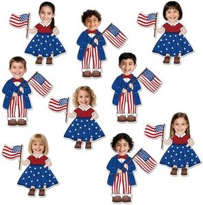 JarThenaAMCS 50 Pcs Patriotic 4th of July DIY Cutouts Red Blue USA Flag Suit Dress Paper Cutting with 100 Pcs Glue Points for 250th Anniversary Independence Day Party Classroom Bulletin Board Photo