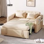 DWVO 55" Convertible Sofa Bed, 3-in-1 Sleeper Sofa with Pull-Out Bed, Velvet Futon Couch with Adjustable Backrest and Side Pocket, Modern Loveseat for Living Room Apartment, Beige, Full Size