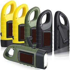 6 Pcs Hand Crank Solar Powered Flashlights Emergency Rechargeable LED Flashlights Handheld Flashlights for Emergencies Survival Gear Outdoor Sports Camping Hiking Backpack Safety, Green Yellow Black