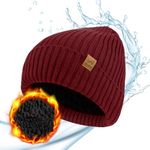 ACUSHLA Waterproof Windproof Cuff Beanie - Thick Fleece Lined Knit Winter Hat for Men & Women Warm Watch Cap for Cold Weather, Red, One Size