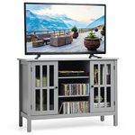 COSTWAY TV Stand for TVs up to 50 Inches, Wooden TV Cabinet Media Entertainment Center with 2 Tempered Glass Doors and 3 Storage Shelves, Home Living Room Bedroom Television Console Table (Grey)