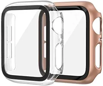 EDIMENS 2 Pack Hard PC Case Compatible with Apple Watch Series 6 / SE / 5/4 40mm Women Men, Overall PC Case Slim Tempered Glass Screen Protector Protective Cover for Apple iWatch 40mm SE Clear Rose