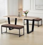 Hallowood Furniture Dudley Large Dining Table and Bench Set 2, Kitchen Table with U Shaped Metal Legs (150cm) and Deluxe Leather Effect Benches, Dining Room Set for Home and Office