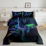 Gamer Kids Comforter Set for Boys Teens Game Headphones Keyboard Comforter Mouse Gamepad Bedding Set Full Size Black Green Gaming Lightweight Reversible Quilt Set Decor with 2 Pillowcases