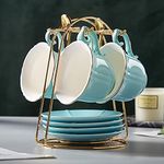DUJUST Tea Cups and Saucers Set of 4 (8 OZ), Candy Color Tea Cup Set with Golden Trim, Petal Edge Coffee Cups with Metal Stand, Simple Style Porcelain Tea Party Set - Nile Blue