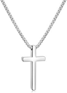 Fiusem Cross Necklace for Men, Silver/Gold/Black Mens Cross Necklaces with 2.5mm Cross Chain and Stainless Steel Cross Pendant, Box Chain 16-24 Inch, 20.0 Inches, Stainless Steel, No Gemstone