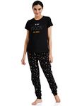 Amazon Brand - Eden & Ivy Women's Cotton Regular Fit T-Shirt and Pajama Set Night Suit (Night Wear | Lounge Wear Set) (EI-AW20SET04-SC-05_Moon Black, X_Small)