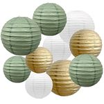 10 Pcs Paper Lanterns Decorative Sage Green White and Gold Round Hanging Paper Lanterns Decorations for Rustic Party Wedding Sage Green Birthday Baby Shower Gender Reveal Party Decoration