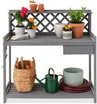 Best Choice Products Outdoor Garden Potting Bench, Wooden Workstation Table w/Cabinet Drawer, Open Shelf, Lower Storage, Lattice Back - Gray