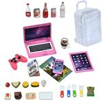 27 Pieces Dollhouse Mini Laptop Tablet and Smart Phone Newspaper Book Miniatures Hamburger Cake Coffee Juice Trolley case DIY Play Game Party Toys Accessories (Pink Set)