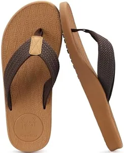 KuaiLu Mens Flip Flops Arch Support Comfortable Waterproof Open Toe Summer Beach Leather Thong Sandals Cushion Slip on Slippers Brown Size 8.5