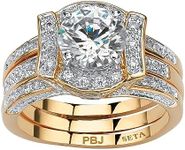 PalmBeach Yellow Gold-Plated or Platinum-Plated Silver Round Cubic Zirconia Vintage Style Jacket Bridal Ring Set Size 8