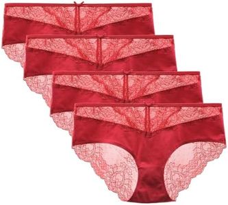 LIQQY Women's 4 Pack Cotton Invisible Lace Back Coverage Hipster Brief Panty Underwear (US, Alpha, Large, Regular, Regular, Red)