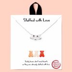 Leafael White Gold Dipped Handmade Hypoallergenic Dainty Pendant Necklace Personalized Message Card Charm Choker with Three Bears, Stuffed with Love, Made in Korea, Jewelry Gifts for Women