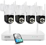 ZOSI 4K Wi-Fi 6 Security Camera System,4pcs 8MP Pan Tilt Plug-in WiFi Cameras,Person Vehicle Detection,Color Night Vision,2 Way Audio,8CH Home Surveillance WiFi NVR with 1TB HDD for 24/7 Recording