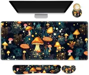 ARTSO Large Gaming Mouse Pad, Keyboard Wrist Rest Pad & Wrist Support Mousepad Set, Stitched Edge, Extended, Non-Slip Base, Memory Foam Desk Mat for Office, Home, Cute Mushrooms