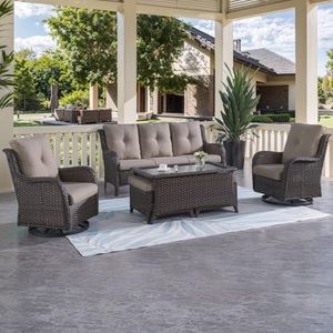 HUMMUH Outdoor Patio Furniture 6 Pieces PE Rattan Furniture Set Wicker Outdoor Sectional Sofa with Swivel Rocking Chairs,Patio Ottomans,Outdoor Coffee Table