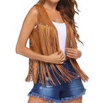 Edhomenn Women's Tassel Vest 70s Hippie Faux Suede Fringe Jacket Cardigan Solid Color Open Front Sleeveless Y2k Jacket (01 Khaki, XXL)