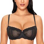 DOBREVA Women's Sexy Lace Bra Underwire Balconette Unlined Demi Sheer Plus Size Black 38D