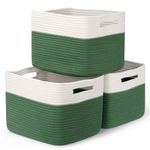 MicroIdeas Storage Basket, Woven Basket, Decorative Cotton Rope Baskets for Organizing, Toys, Towel Baskets for Bathroom 13*11*9in - White Green (3 PCs)