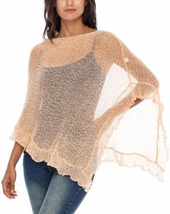 SHU-SHI Women’s Sheer Knit Poncho Shrug Lightweight Asymmetrical Ruffle Wrap Dressy Summer Shawl Cover Up Top