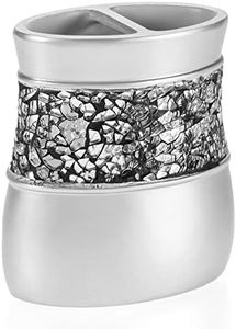 Crackled Glass Silver Toothbrush Holder and Toothpaste Holder for Bathroom - Elegant Crackled Glass Bathroom Toothbrush Organizer - Decorative 2 Slot Family Toothbrush Cup Holds Multiple Toothbrushes