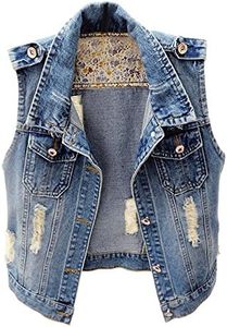 Kedera Womens Denim Jean Vest Classic Junior Button Up Cropped Distressed Sleeveless Jean Jacket, Blue, Large