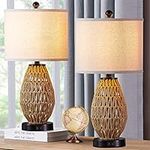 CINSARY Touch Control Rattan Table Lamps, 3 Way Dimmable Bedside Lamps for Bedroom Set of 2 with 2 USB Ports and AC Outlet, Wicker Nightstand Lamps for Living Room (LED Bulbs Included)