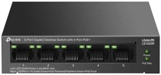 TP-Link 5-Port Gigabit Desktop Ethernet Switch with 4-Port PoE+, 65 W PoE Budget, PoE Auto Recovery, Plug & Play, Metal Case, Ideal for IP Surveillance & Network Security (LS105GP)