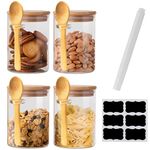 4 Pack Glass Jars with Airtight Bamboo Lid and Spoon, 500ml Overnight Oats Jars, Kitchen Spice Jars Storage Containers, Kitchen Food Storage Canister for Spice, Salt, Sugar, Seeds, Coffee, Nuts etc