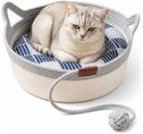 Instinct Basket for Cats - Handwoven Cotton Rope Enrichment Bed with Attached Toy Tail, Scratchable Interactive Pet Nest Features Flexible Walls to Fight Boredom & Protect Furniture (Grey & Mat, M)