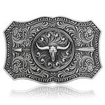 Yjfeshion Belt Buckles Men Western Cowboy Buckle Engraved Long Horn Bull Pattern Vintage Fashion Rodeo Belt Accessory for Women Silver