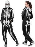 PARTTELY Adult Onesie Skeleton Costume Women Front and Back Bone Print Halloween Skeleton Jumpsuit Men with Zipper Hooded Black