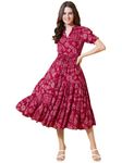 Dress for Women Printed Midi Dress with V-Neck, Puffed Sleeves (in, Alpha, S, Pink)