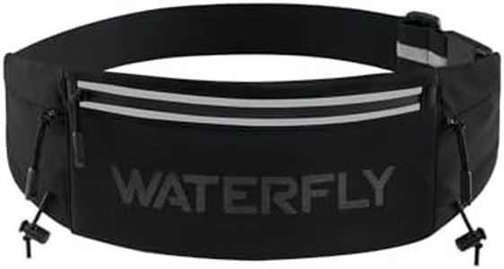 WATERFLY Running Belt Fanny Pack: Breathable 3 Pocket Waist Bag for Men Women Workout Exercise Fitness Phone Holder Fits ALL Phones - Runner Marathon Jogging Race Belt With Bib Clip Black