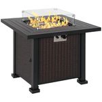 Outsunny Square Propane Gas Fire Pit Table, 50000 BTU Rattan Smokeless Firepit Patio Heater with Glass Screen, Glass Beads and Lid, 81cm x 81cm x 64cm, Black