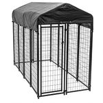 Lucky Dog Uptown Large Outdoor Covered Kennel 6 Foot Secure Fenced Pet Dog Heavy Duty Steel Crate with Waterproof Cover,Black