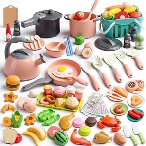 Funpynani 130Pcs Kitchen Playset, Toddler Pretend Cooking Play Pots, Pans, Utensils Cookware, Daily Food Fruit Veges, Shopping Storage Basket, Dessert, Prop Money, Learning Gift for Child (Pink)