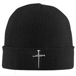 Nail Cross Jesus Redeemed Beanies, Christian Gifts for Men Women, Embroidered Knit Cuff Winter Hats Soft Warm Slouchy Beanie Cap (Black), Black