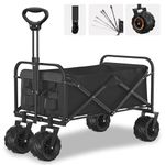 Ribitek Beach Wagon Cart with Big Wheels for Sand, Outdoor All-Terrain Folding Wagon, Collapsible Wagon with Adjustable Handle for Camping, Sports, Shopping(Black)