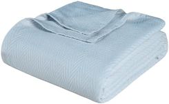 Superior 100% Cotton Thermal Blanket, Soft and Breathable Cotton for All Seasons, Bed Blanket and Oversized Throw Blanket with Metro Herringbone Weave Pattern - King Size, Light Blue