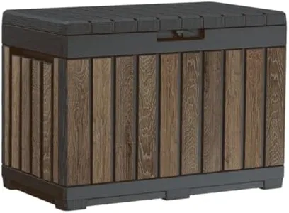 Keter Signature Everwood 50 Gallon Resin Outdoor Storage Box and Patio Furniture Side Table for Pool and Garden Accessories, Walnut